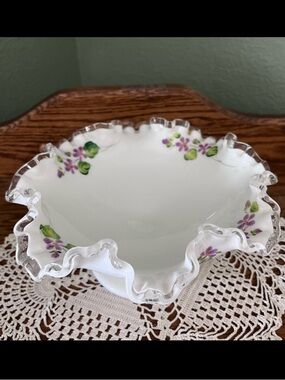Vintage Fenton Silver Crest Ruffled Footed Bowl Violets in the Snow Hand Painted
